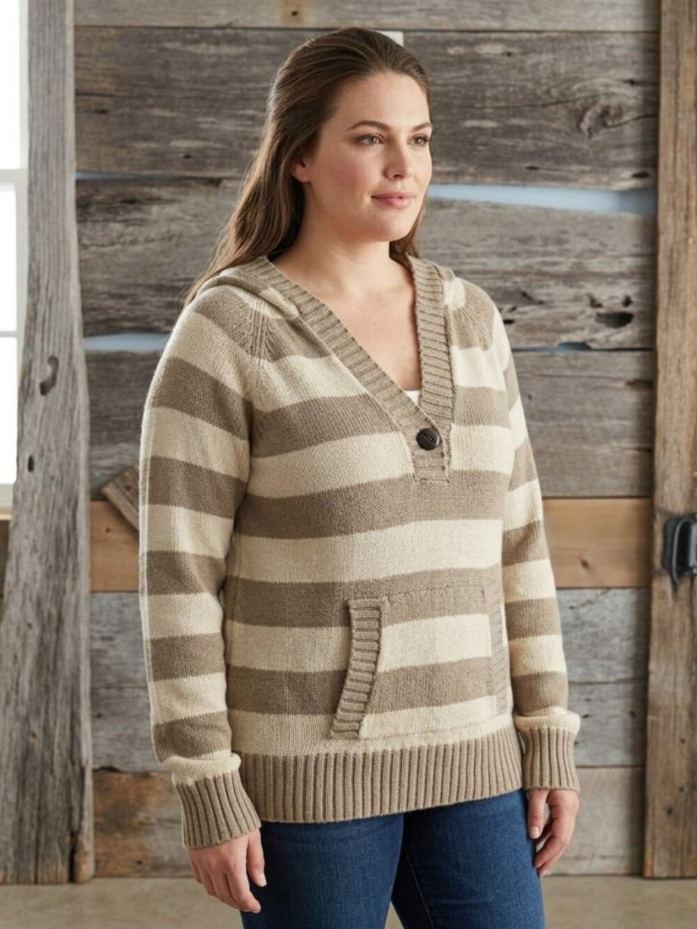 BLUENOTES size Large Tan striped, hooded sweater with front pocket